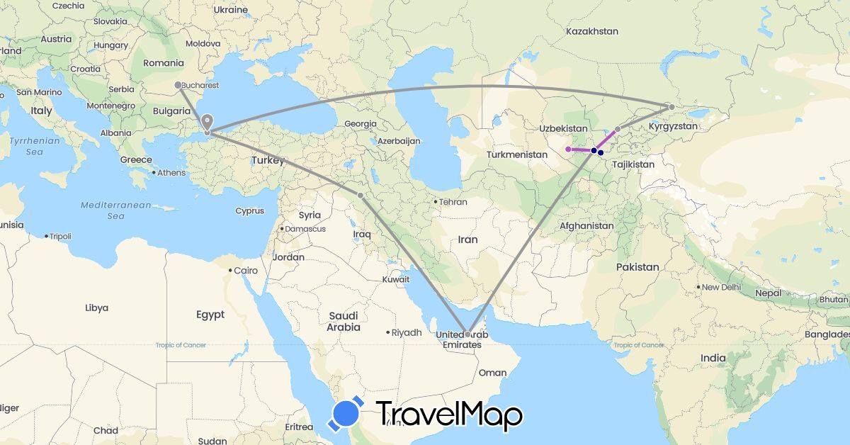 TravelMap itinerary: driving, plane, train in United Arab Emirates, Iraq, Kyrgyzstan, Romania, Tajikistan, Turkey, Uzbekistan (Asia, Europe)